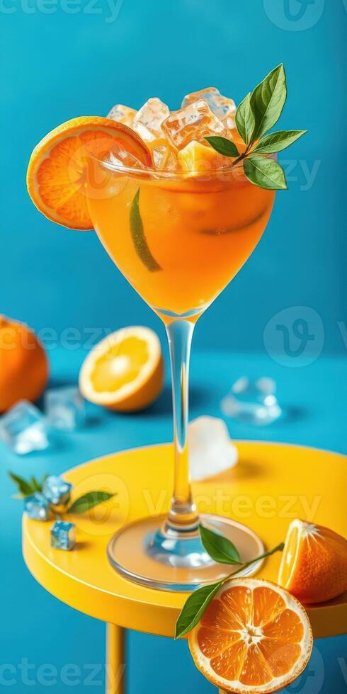 Refreshing citrus cocktail served in a stylish glass on a vibrant yellow table with fresh oranges and ice photo