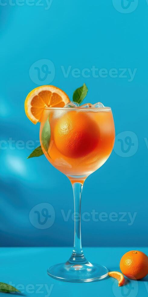 Bright cocktail with orange garnish in elegant glass against a blue background photo