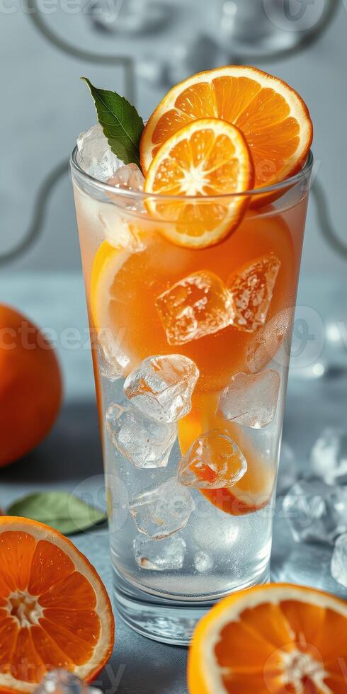 Refreshing citrus drink served in a tall glass with ice and garnished with orange slices photo