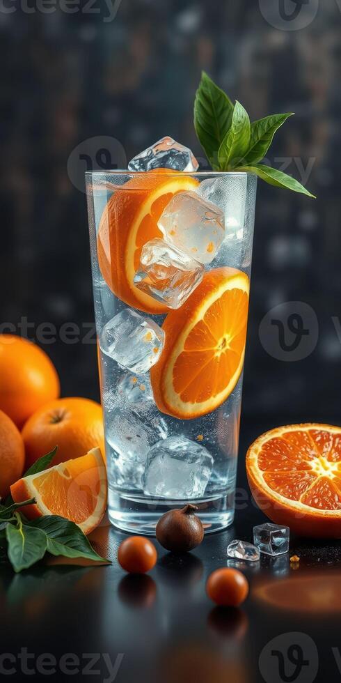 Refreshing orange drink with ice and citrus slices in a glass surrounded by fresh oranges photo