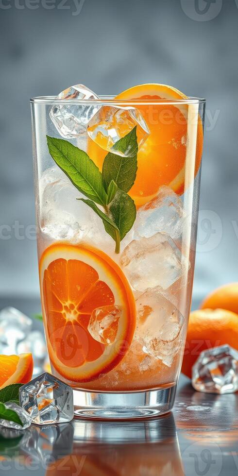 Refreshing citrus drink with ice and fresh mint garnished with orange slices on a cooling surface photo