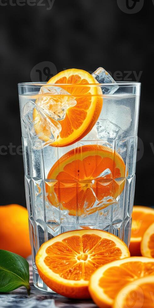 Refreshing orange drink served in a tall glass with ice and fresh slices photo