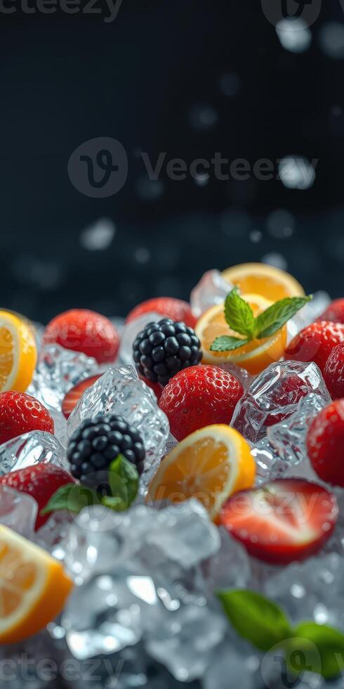 Fresh strawberries, blackberries, and citrus fruit on ice for a refreshing summer drink photo