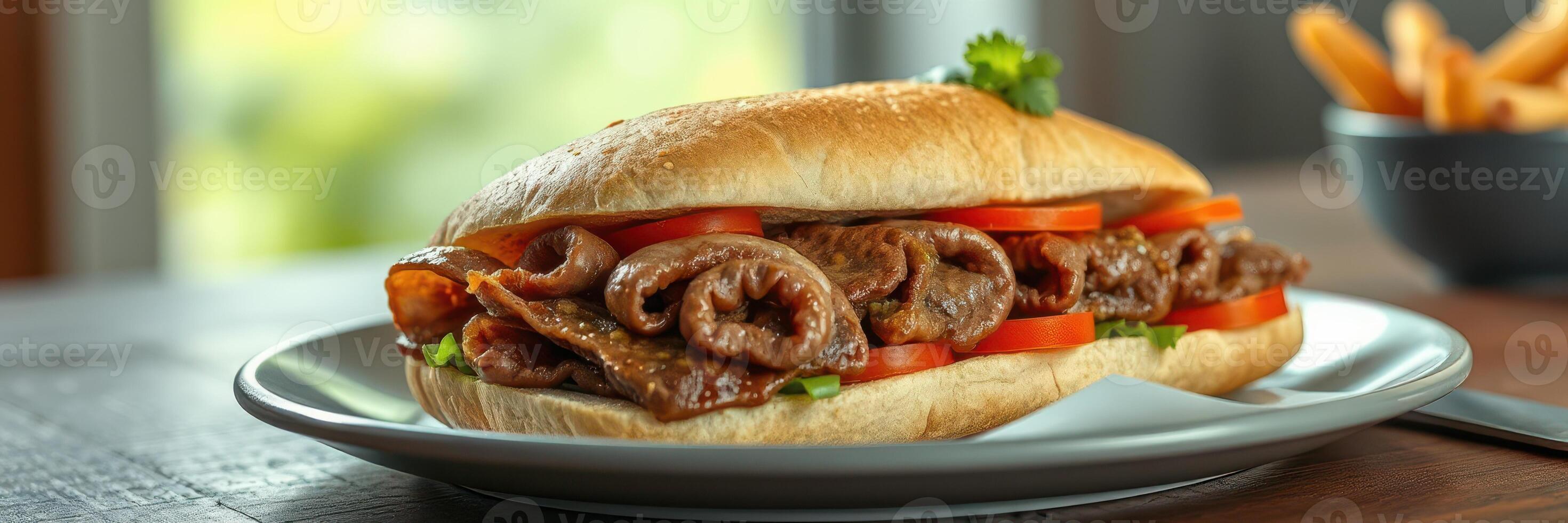 Tasty sandwich with grilled beef, fresh tomatoes, and pickles served with fries in a cozy setting photo