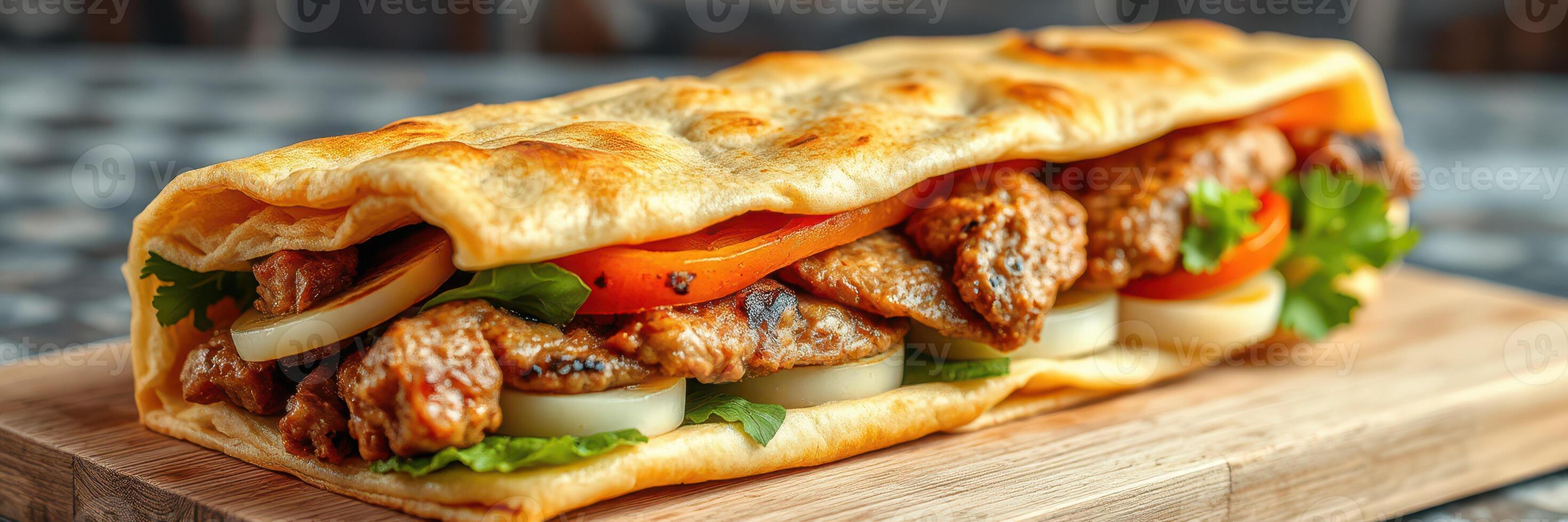 Delicious flatbread sandwich filled with savory grilled chicken, fresh vegetables, and flavorful sauces on a wooden cutting board photo
