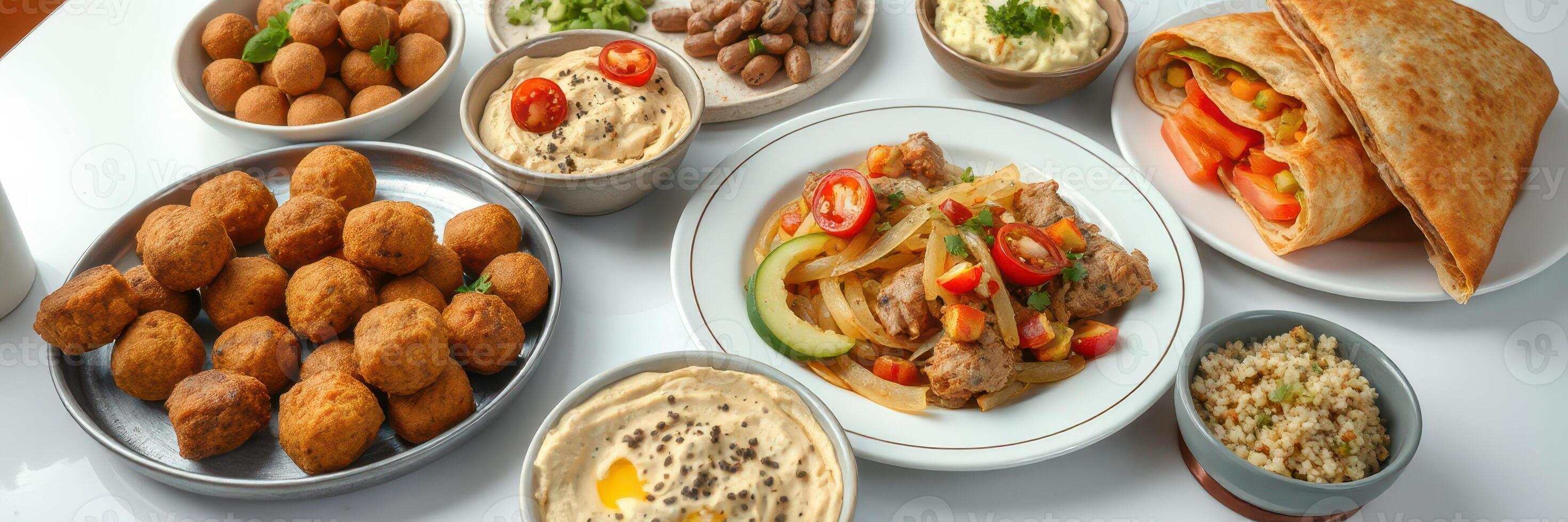 Delicious selection of Middle Eastern dishes served on a table at a vibrant restaurant during dinner time photo