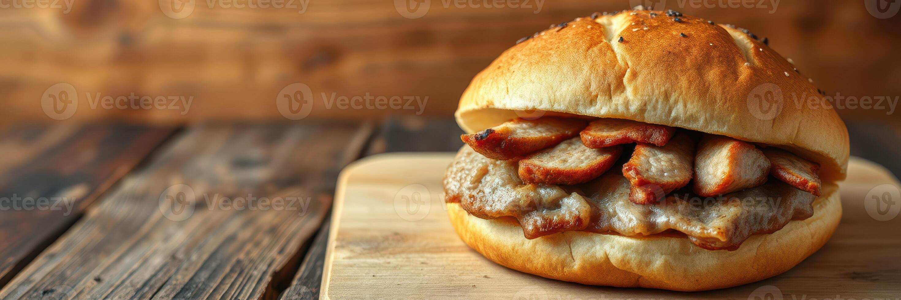 Freshly prepared sandwich with layered meat served on a wooden board in a rustic setting photo