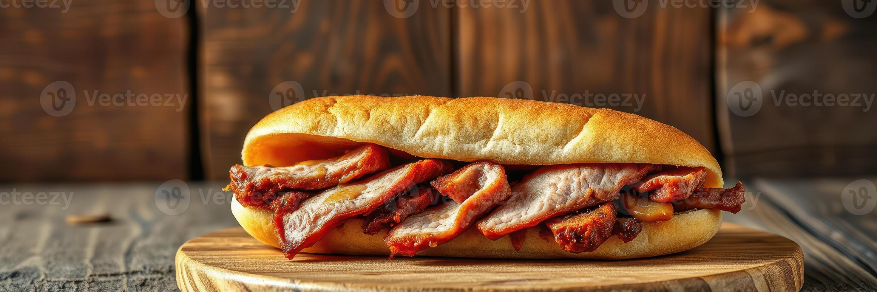 Delicious pork sandwich served on a wooden board in a rustic setting with warm lighting photo