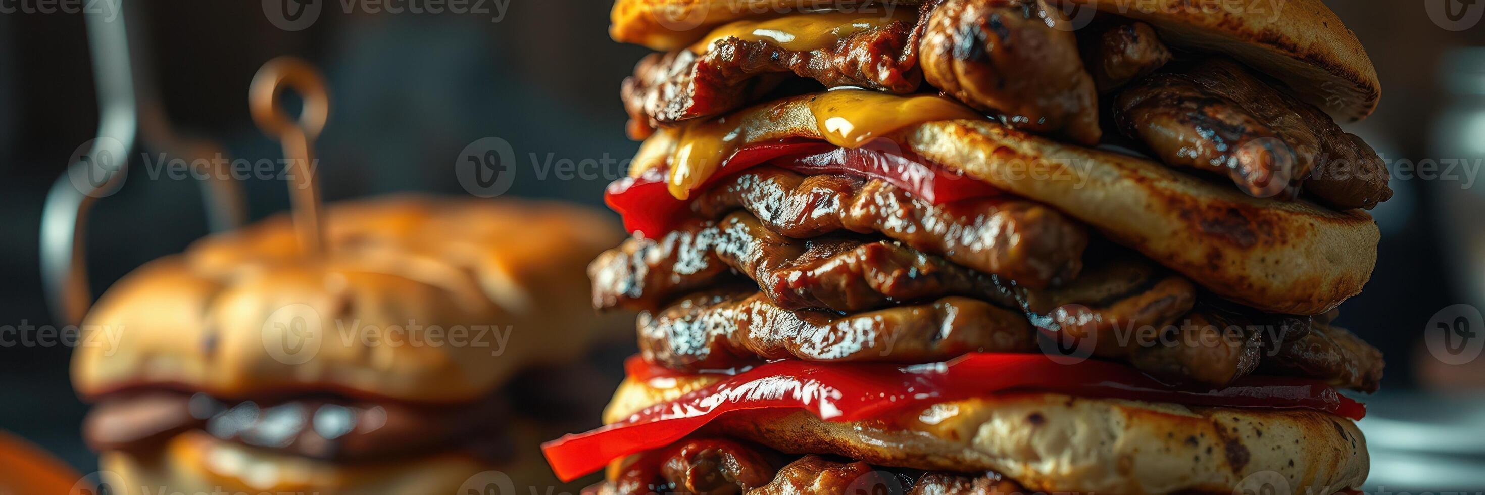 Stacked grilled meats with melted cheese and peppers at a local barbecue joint photo