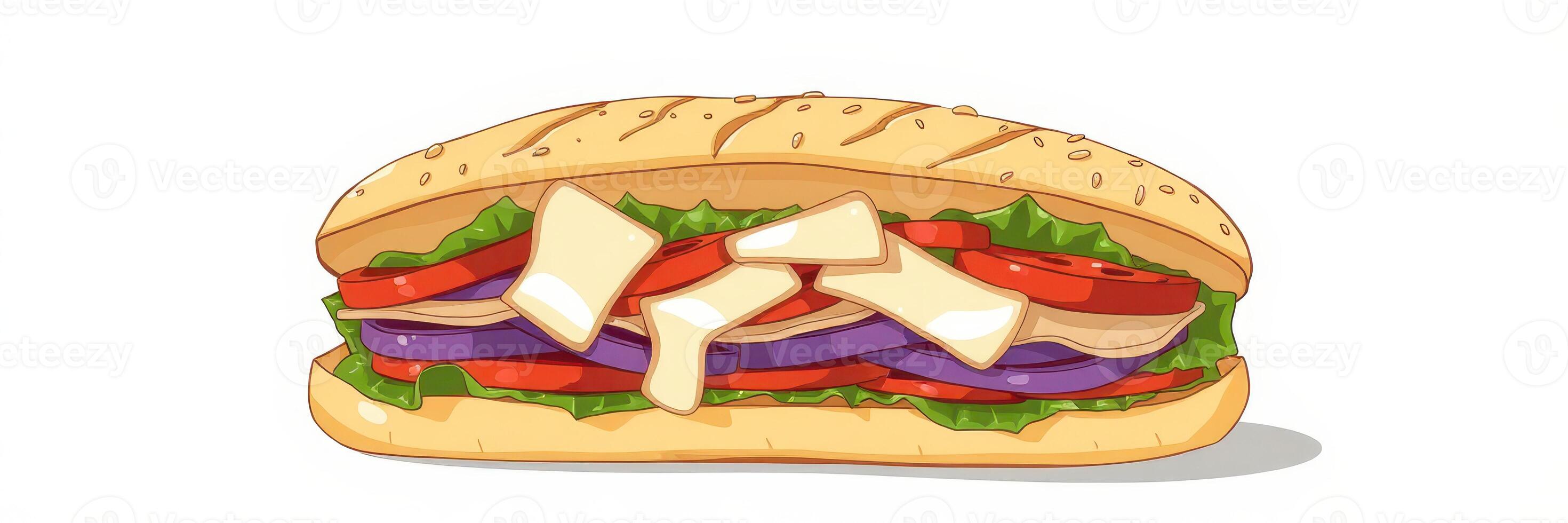Detailed depiction of a colorful sandwich showcasing layers of fresh ingredients on a toasted baguette photo