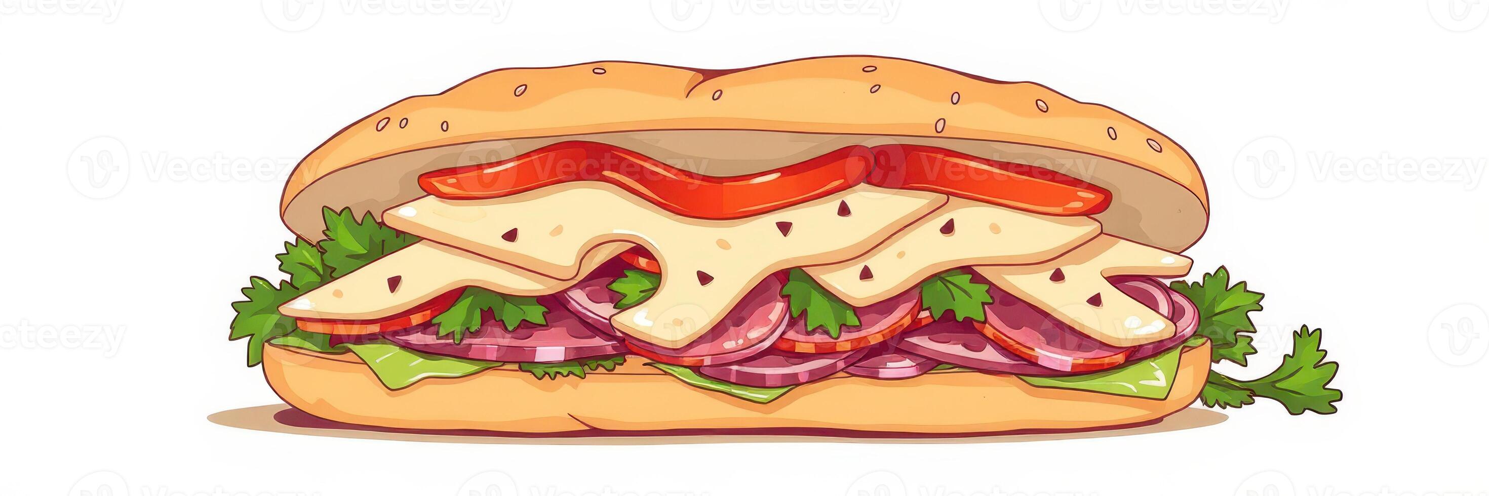 Sandwich with layers of cheese, meats, and fresh vegetables served on a toasted bun photo
