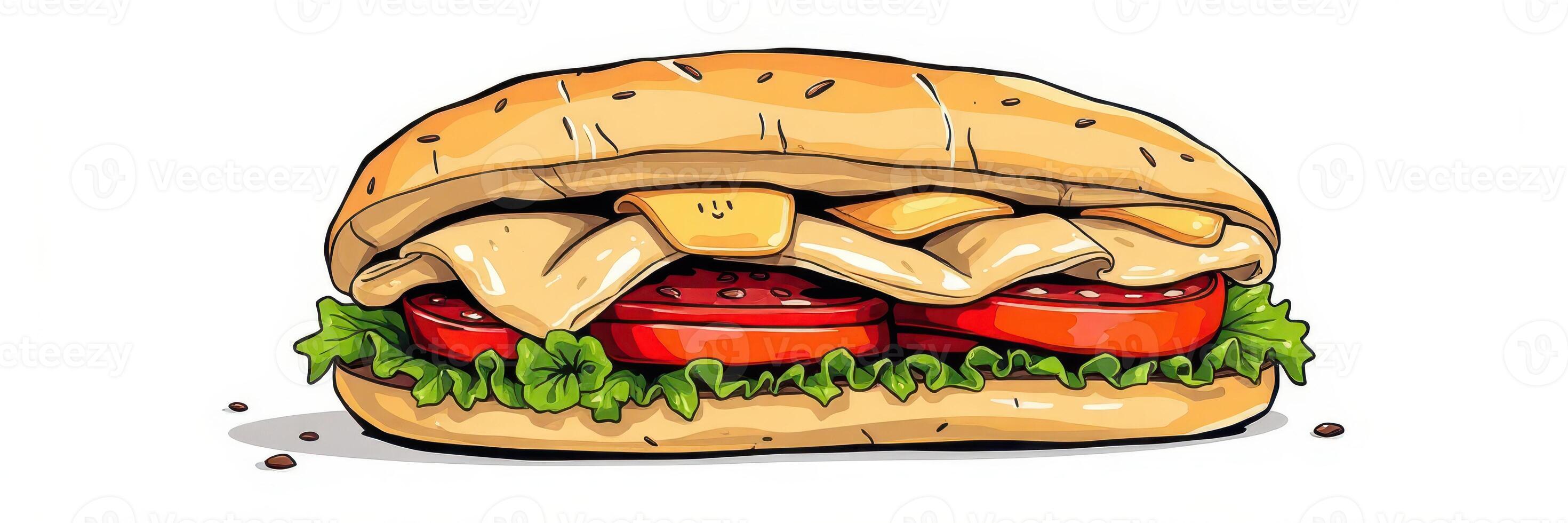 Delicious sandwich with turkey, cheese, tomatoes, and lettuce on a wheat roll ideal for lunch photo