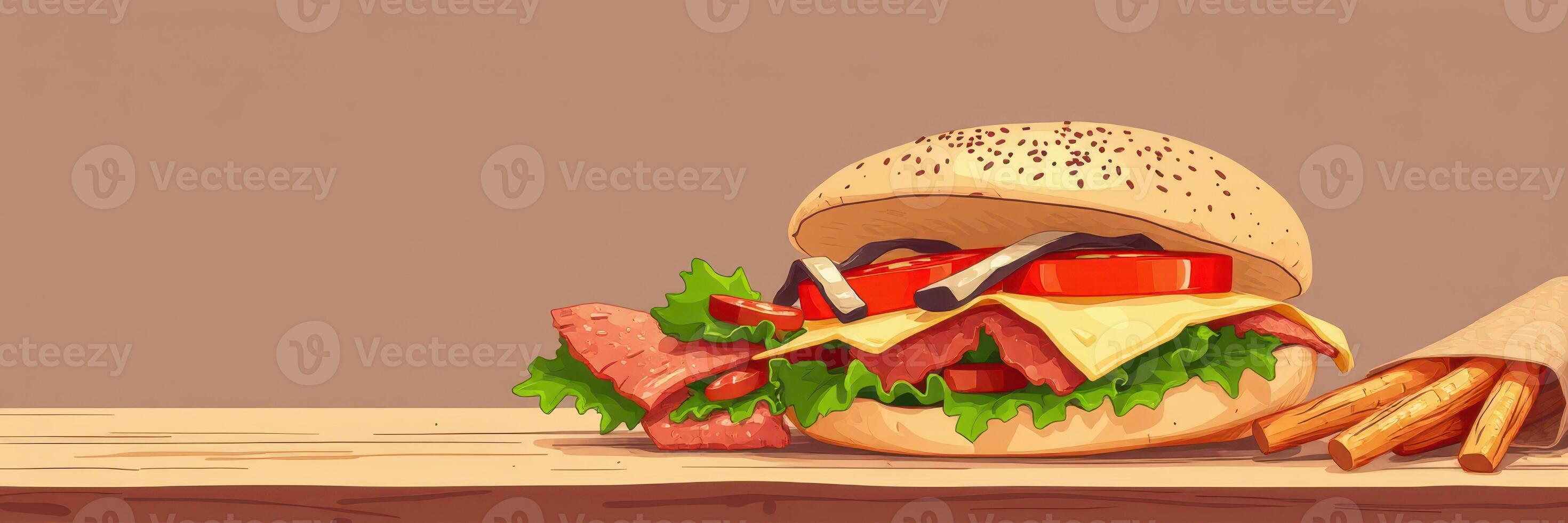 Mouthwatering burger with fresh ingredients and crispy fries served on wooden table photo