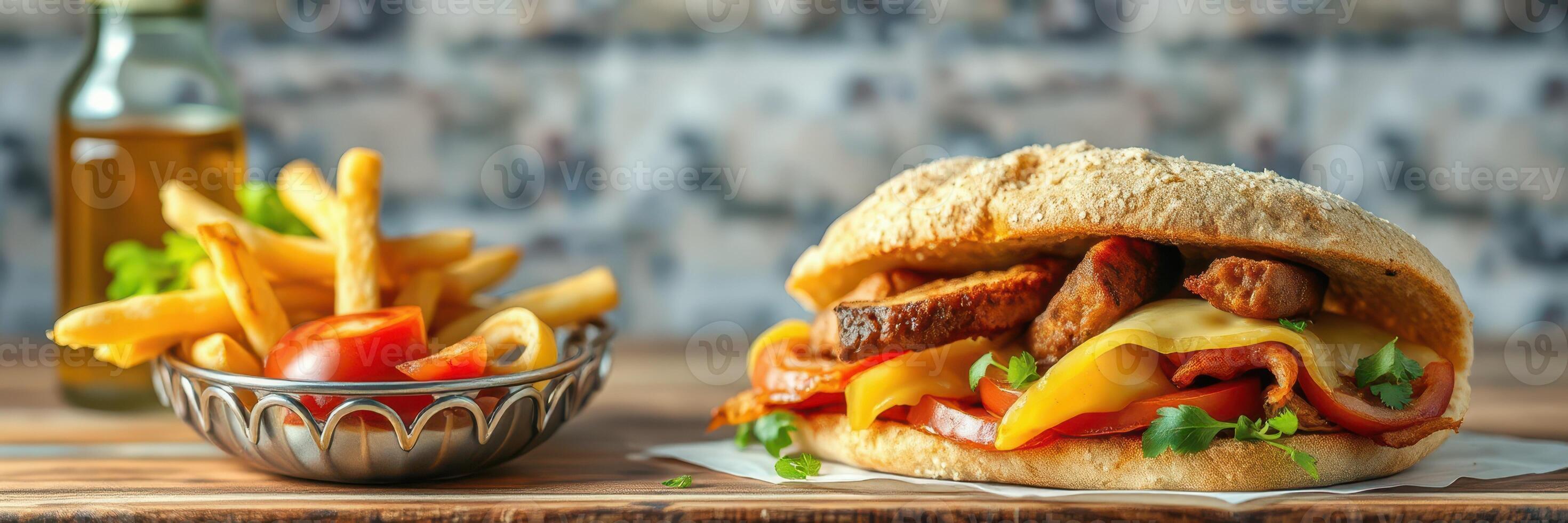 Delicious sandwich with meat, cheese, and fresh vegetables served with crispy fries in a casual setting photo