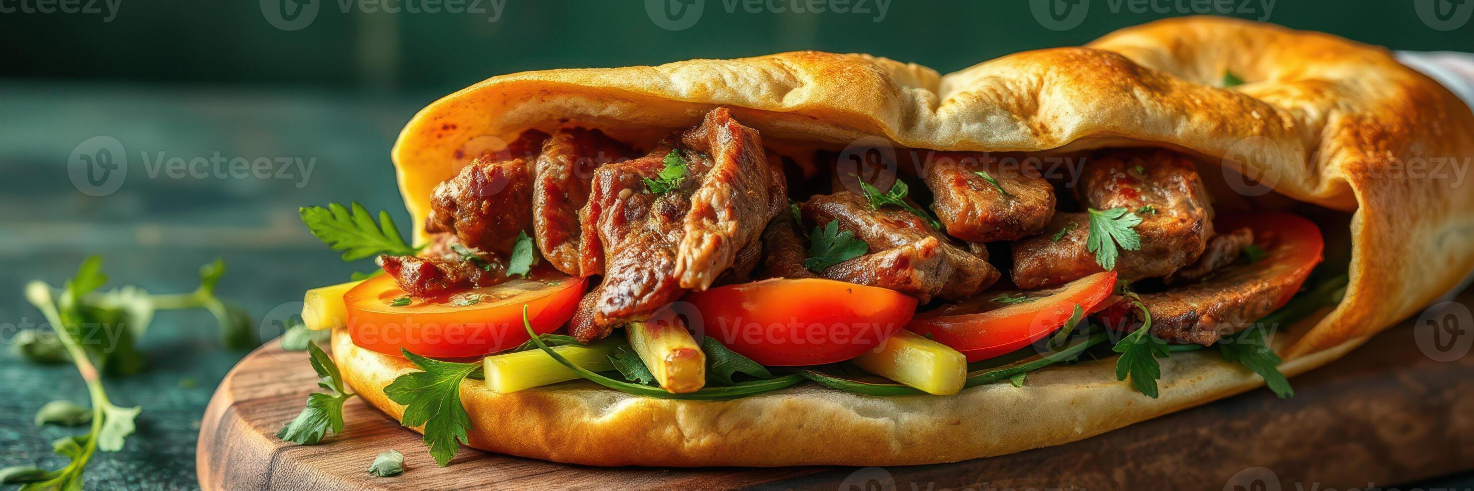 Delicious flatbread sandwich filled with grilled meat and fresh vegetables served on a wooden board photo