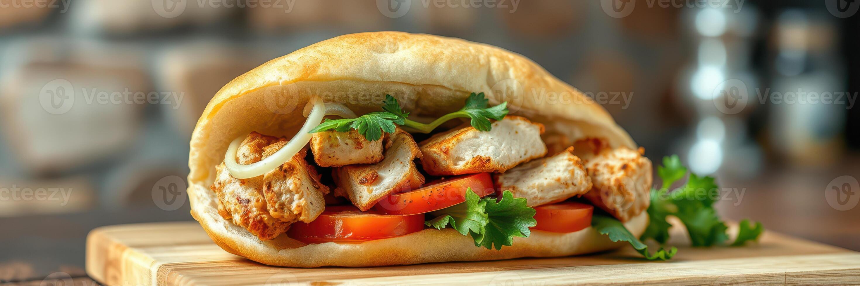 Tasty chicken sandwich with fresh vegetables served on a wooden board in a cozy setting photo