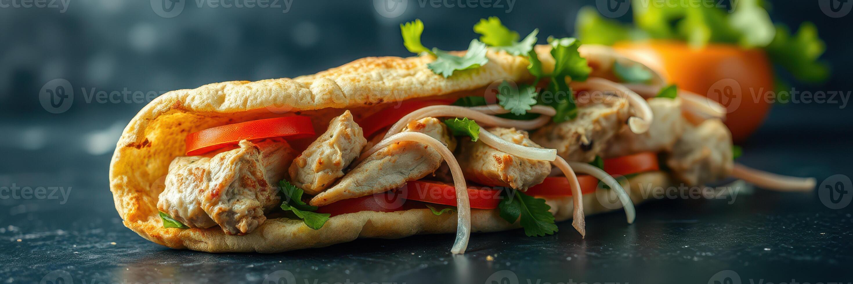 Tasty wrap filled with grilled chicken, fresh vegetables, and herbs on a dark background photo