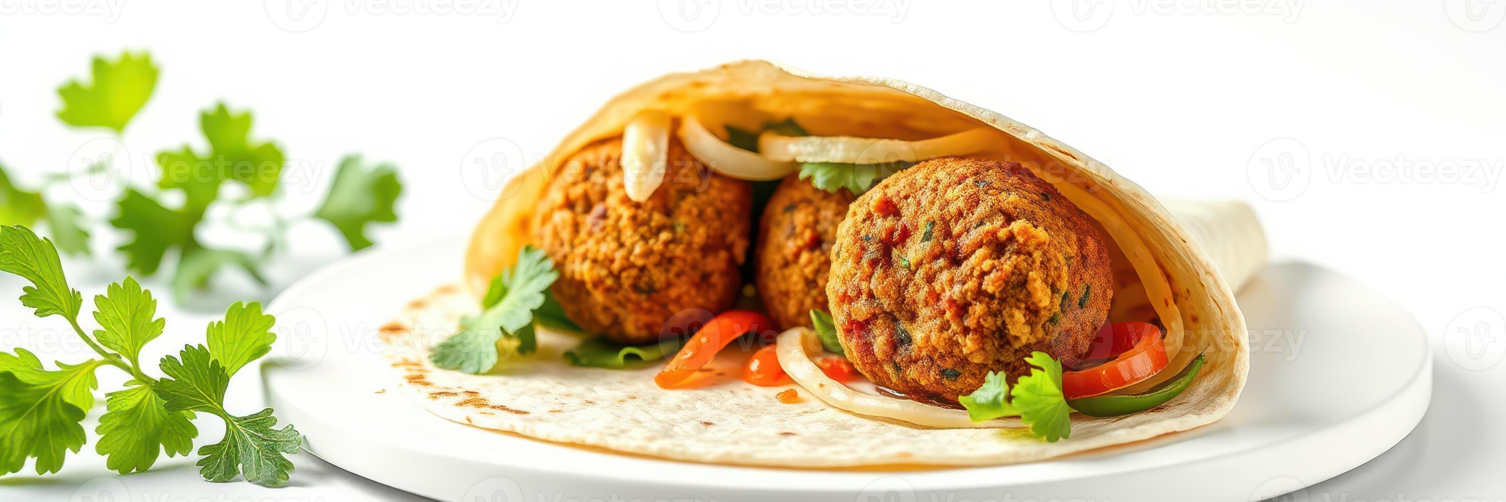 Fresh falafel wrap with vegetables and herbs on a white plate ready to eat photo