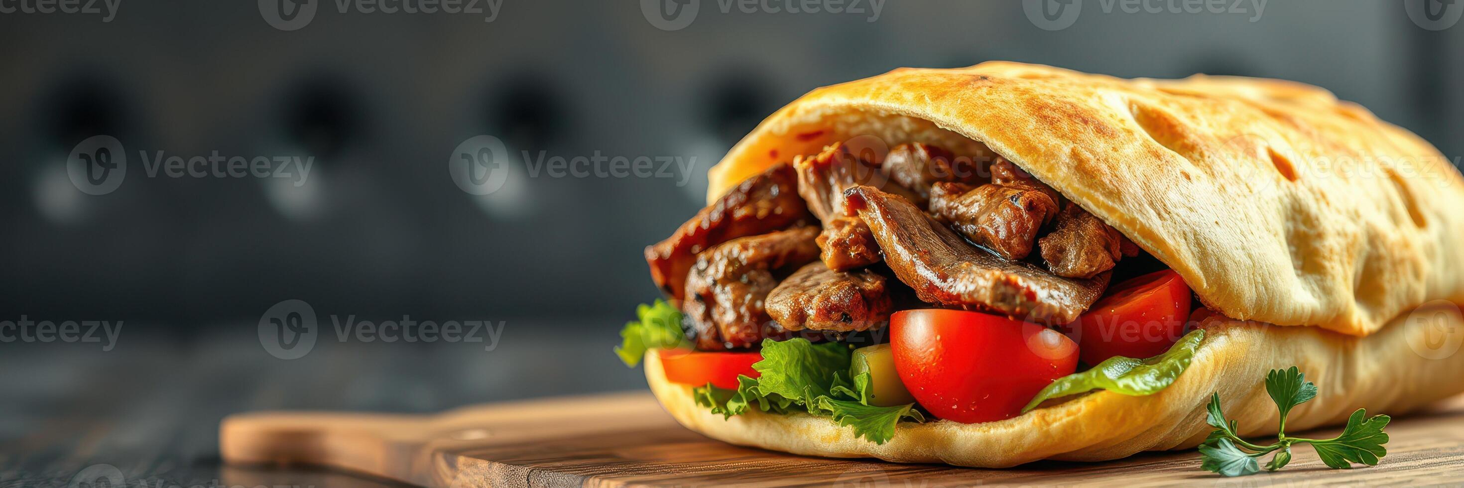 Delicious beef sandwich served on fresh bread with vegetables in a casual dining setting photo