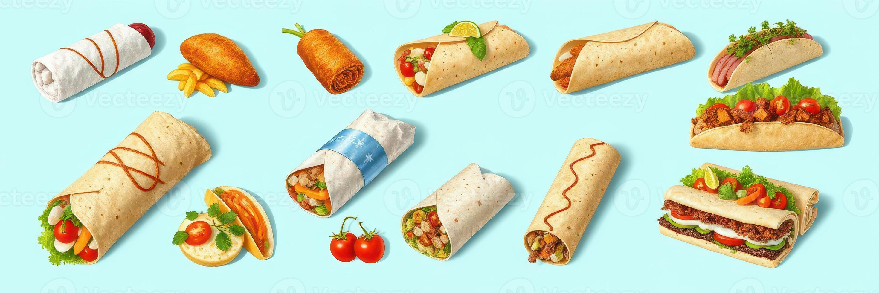 Creative display of various rolled and wrapped food items on a bright blue background photo