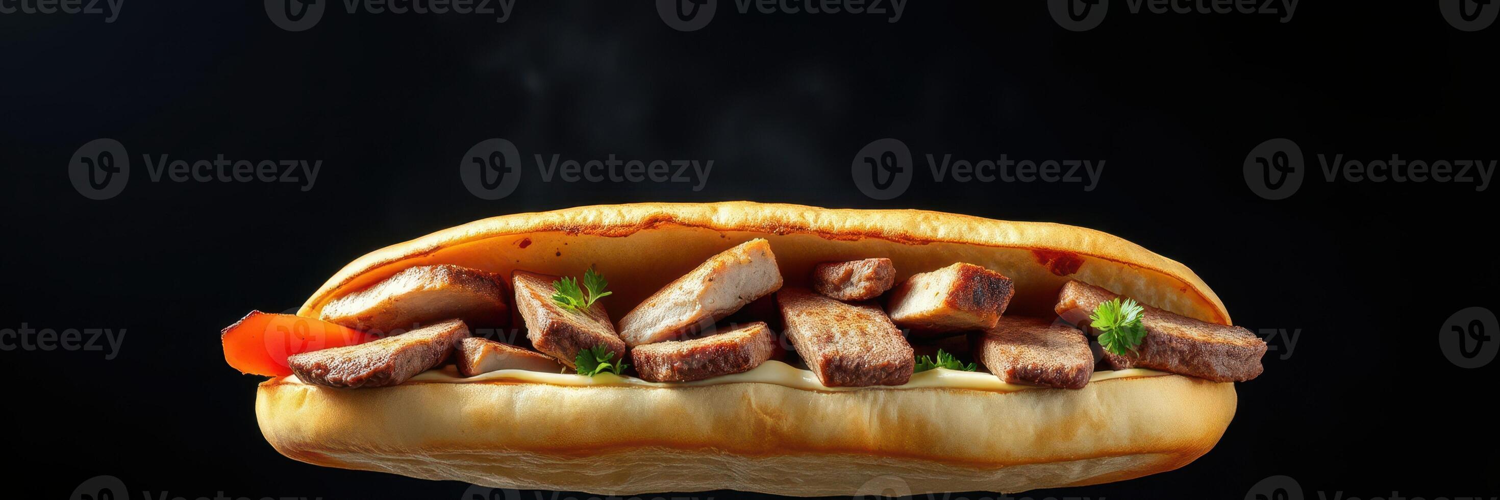 Delicious grilled meat sandwich prepared with fresh ingredients against a dark background photo