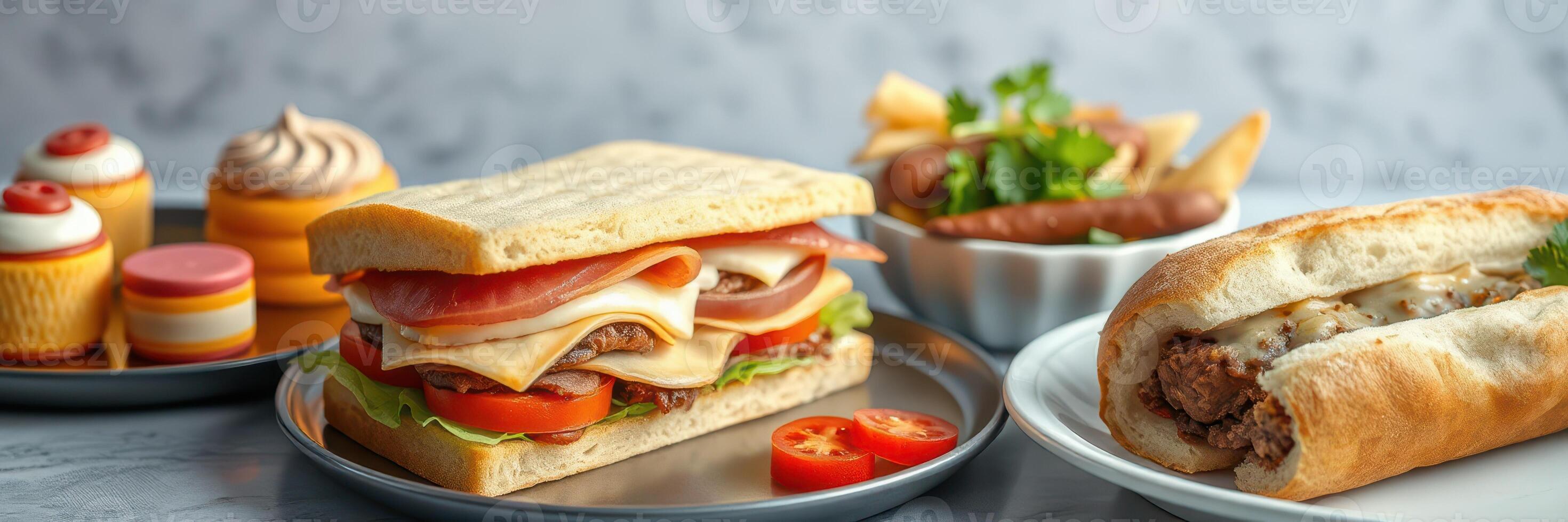 Delicious sandwiches and desserts plated on a marble table with fresh ingredients and side snacks photo