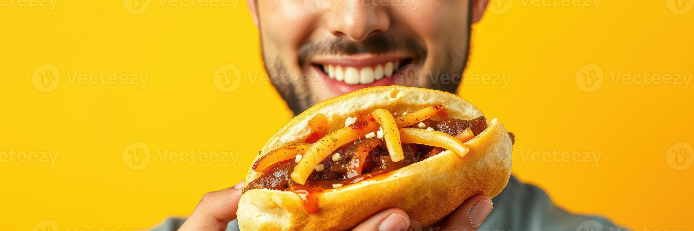 Man enthusiastically holding a delicious hot dog with toppings against a bright yellow background photo