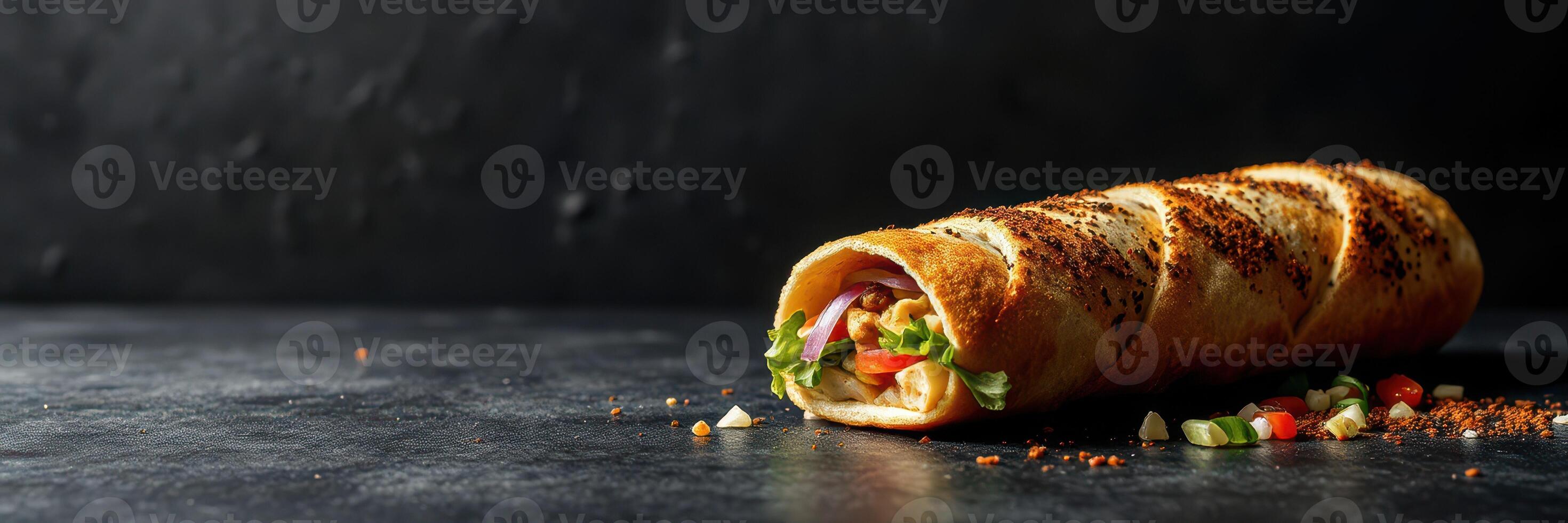 Crispy rolled wrap filled with fresh vegetables and savory ingredients on a dark textured surface photo