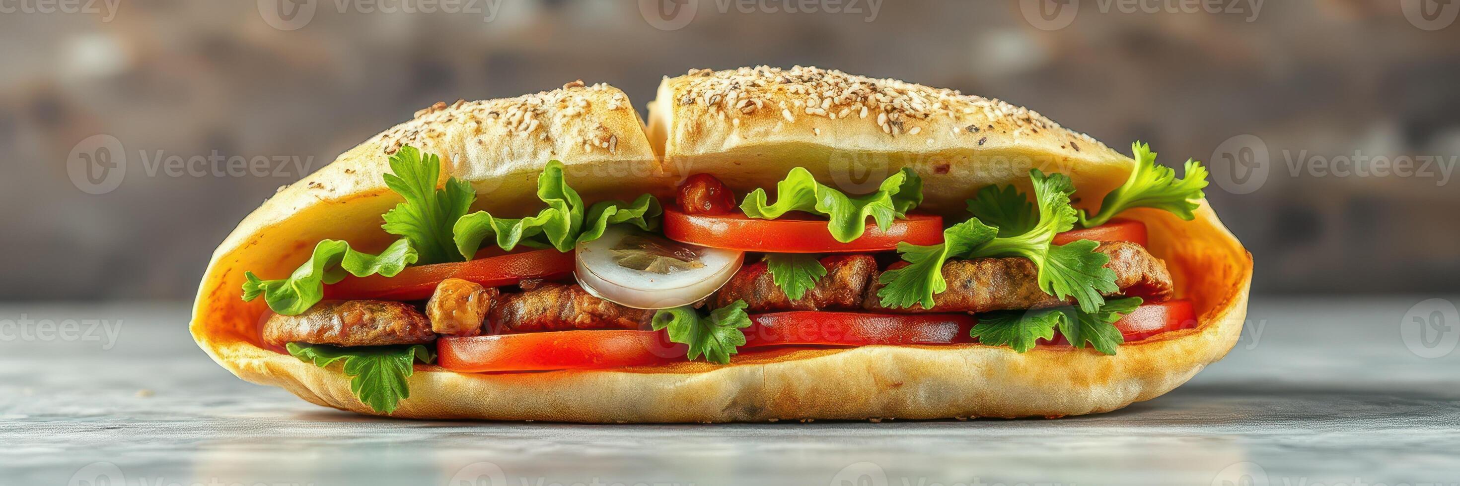Freshly made sandwich loaded with vegetables and grilled chicken on a light background photo