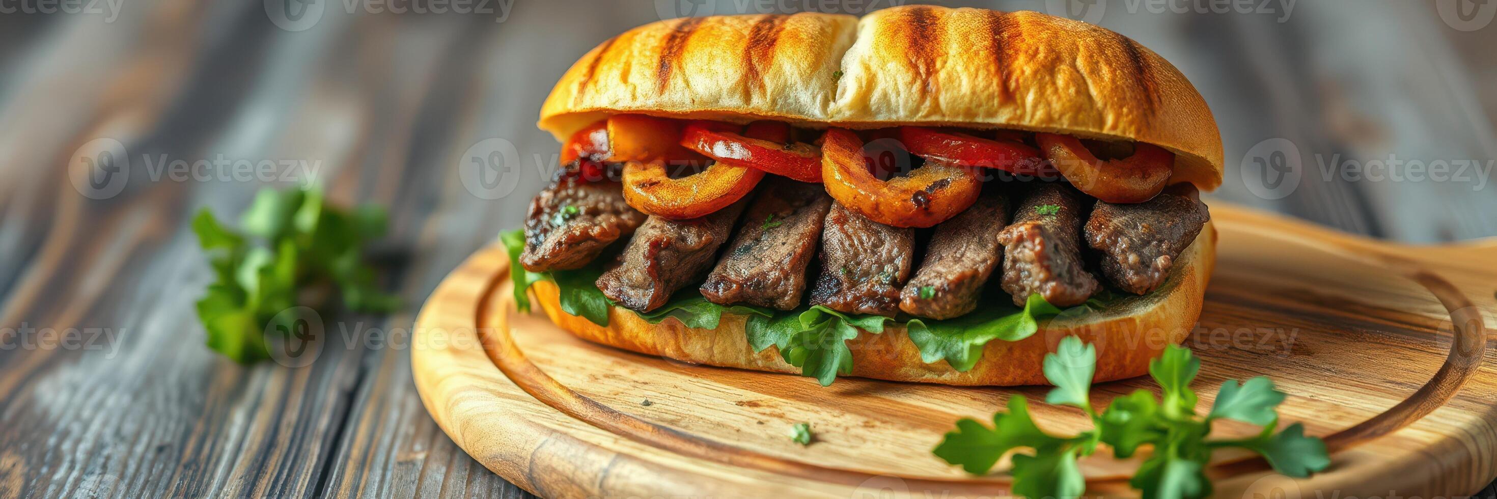 Beef sandwich with grilled vegetables served on a wooden board in a cozy kitchen setting photo