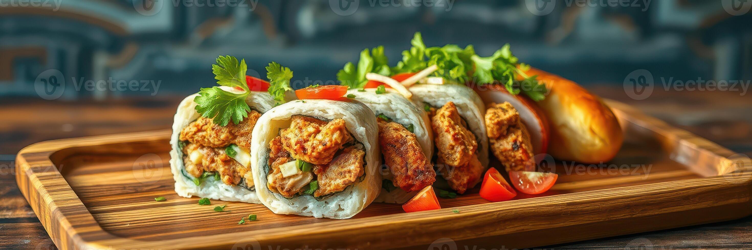 Delicious chicken sushi rolls served on a wooden platter with fresh vegetables in a vibrant setting photo