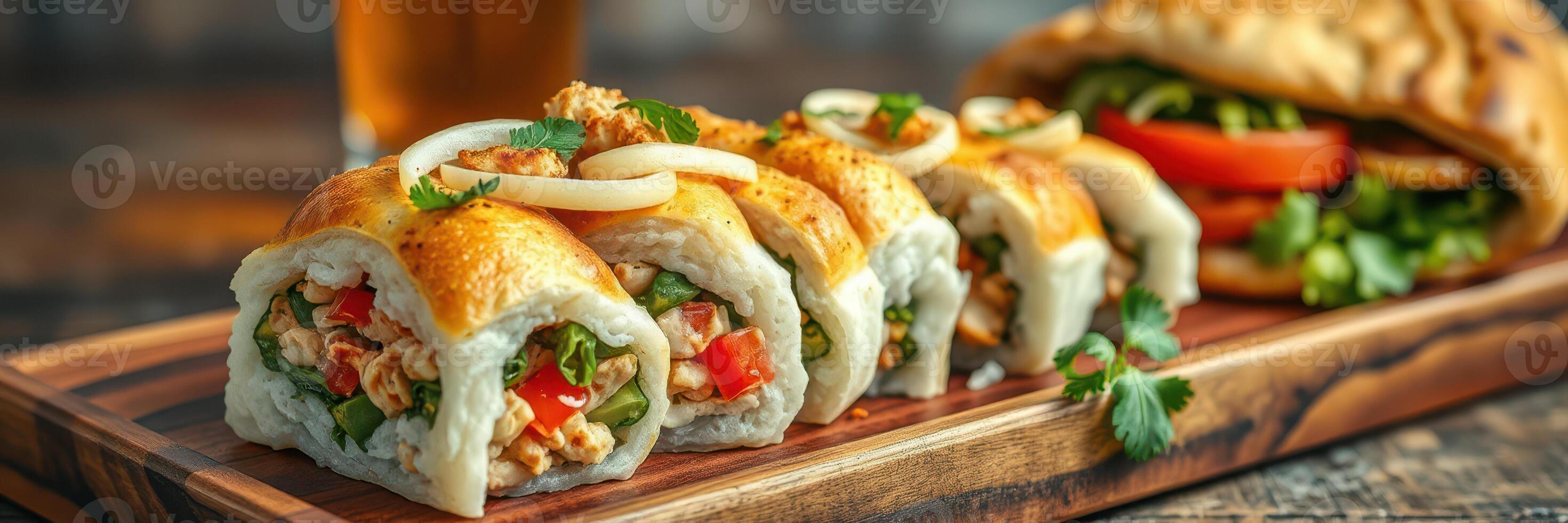 Sushi rolls served on a wooden board alongside a sandwich and cold drink in a vibrant dining setting photo