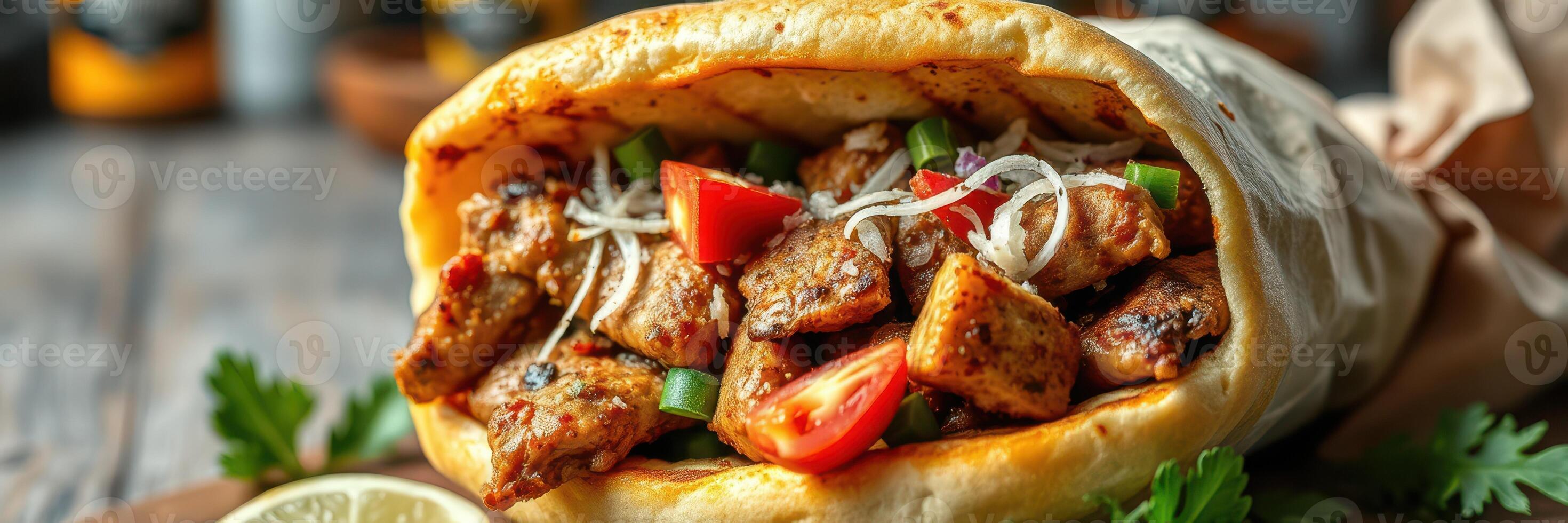 Delicious grilled chicken wrap filled with fresh vegetables, served in a cozy setting on a wooden table photo