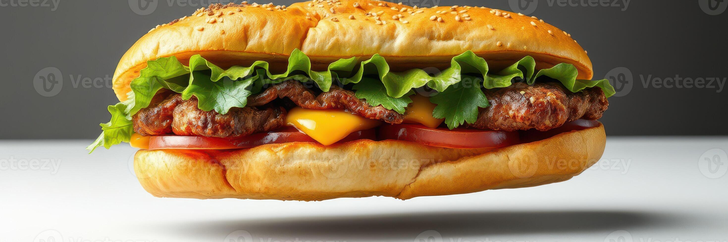 Juicy burger with lettuce, tomato, and cheese on a plain background highlighting its deliciousness photo