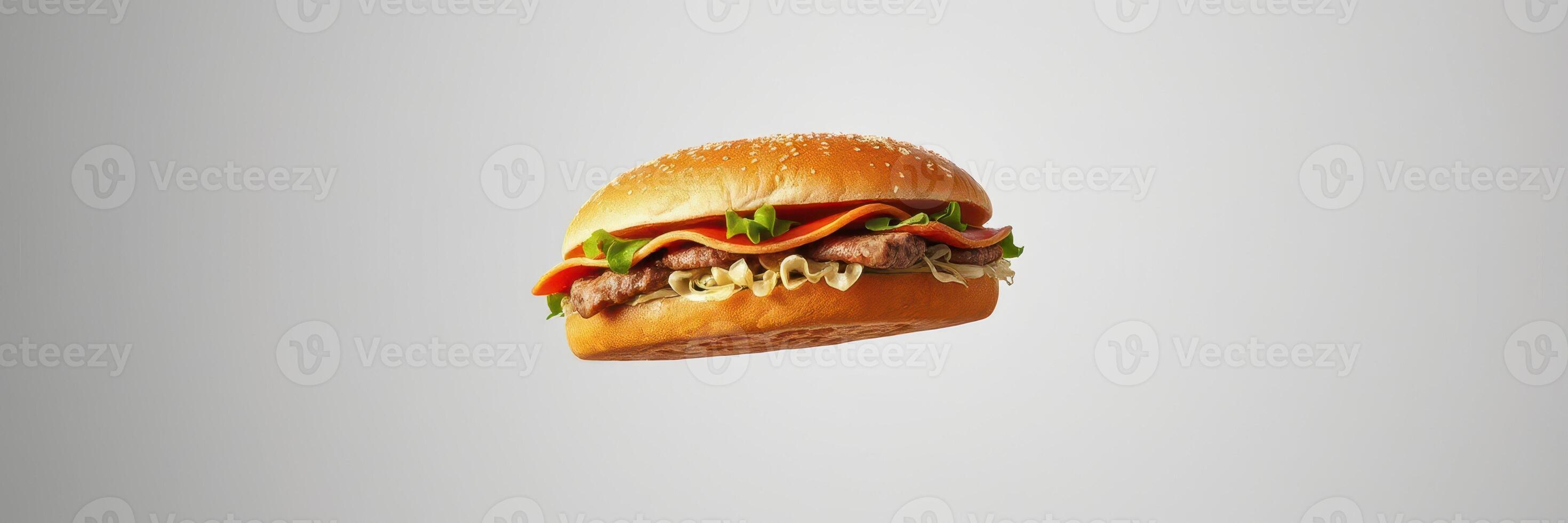 Delicious burger with fresh ingredients floating against a neutral background photo