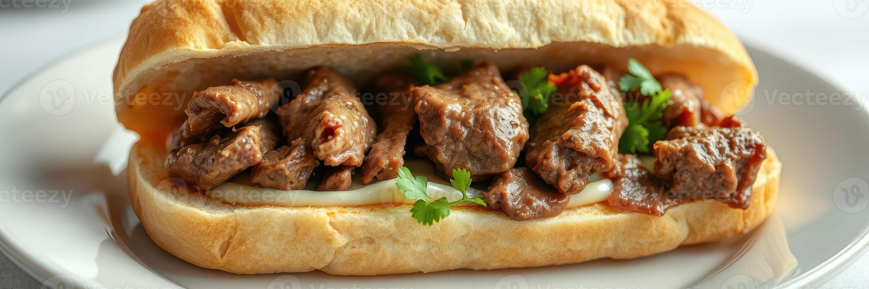 Delicious beef sandwich served on a fresh bun with herbs and sauce for a satisfying meal experience photo