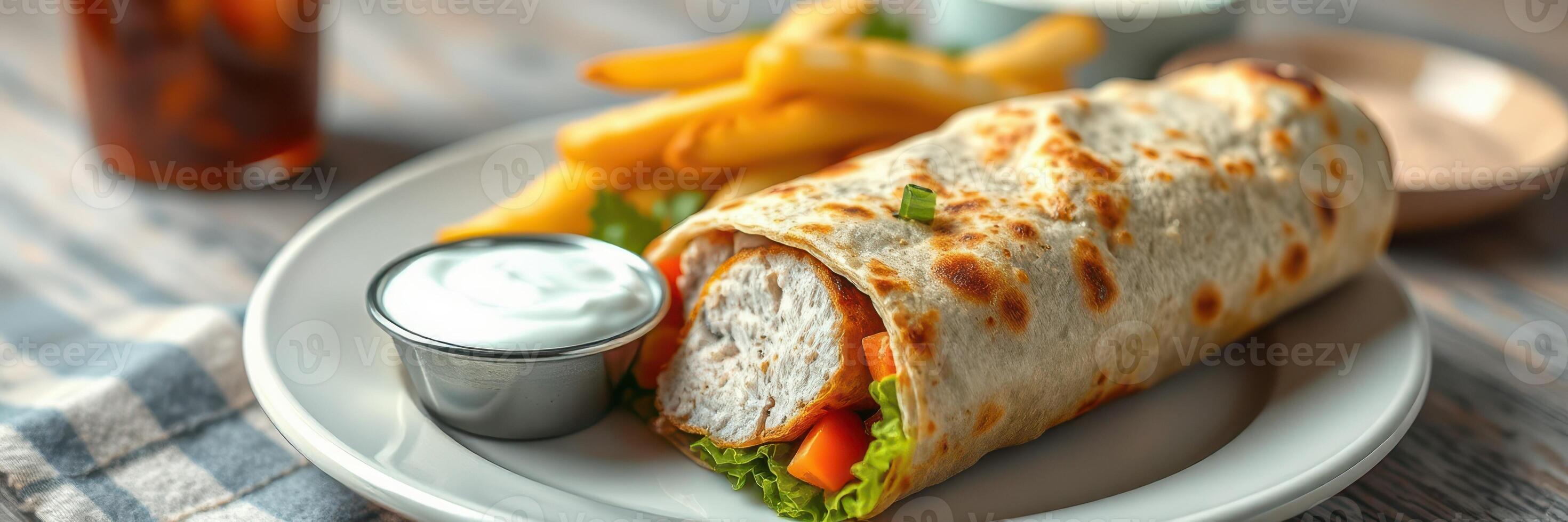 Delicious wrap filled with grilled chicken, fresh vegetables, and served with fries in a cozy restaurant setting photo