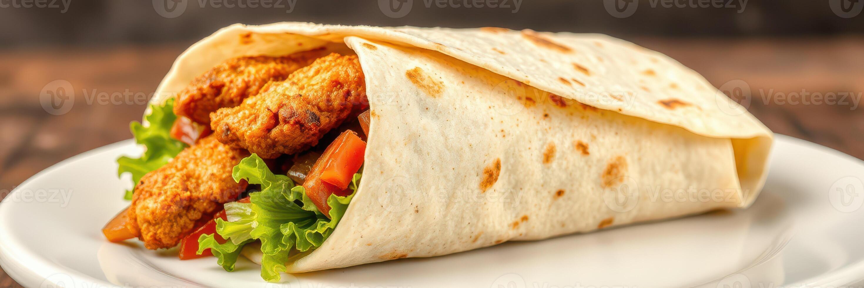 Delicious wrap filled with crispy chicken and fresh vegetables served on a white plate photo