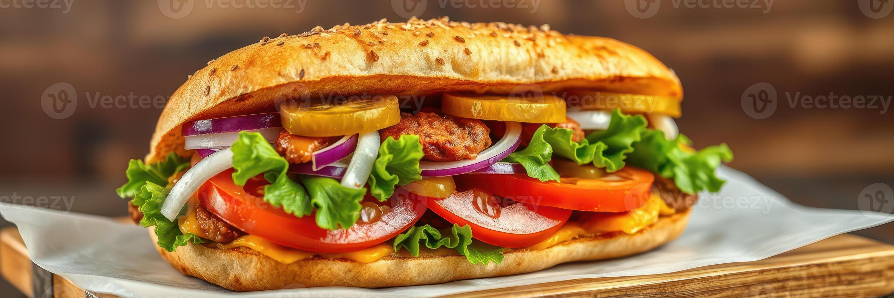 Delicious fresh sandwich loaded with vegetables and savory fillings served on a wooden table photo