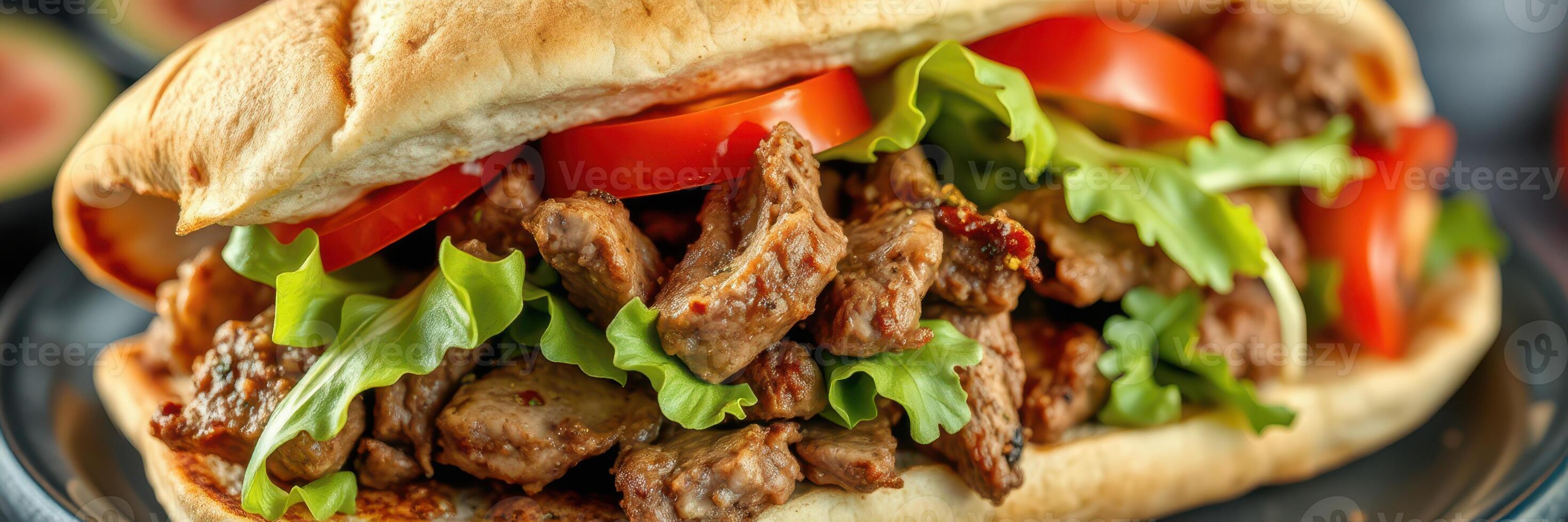Delicious sandwich filled with seasoned meat and fresh vegetables served on a warm bun at a local eatery photo