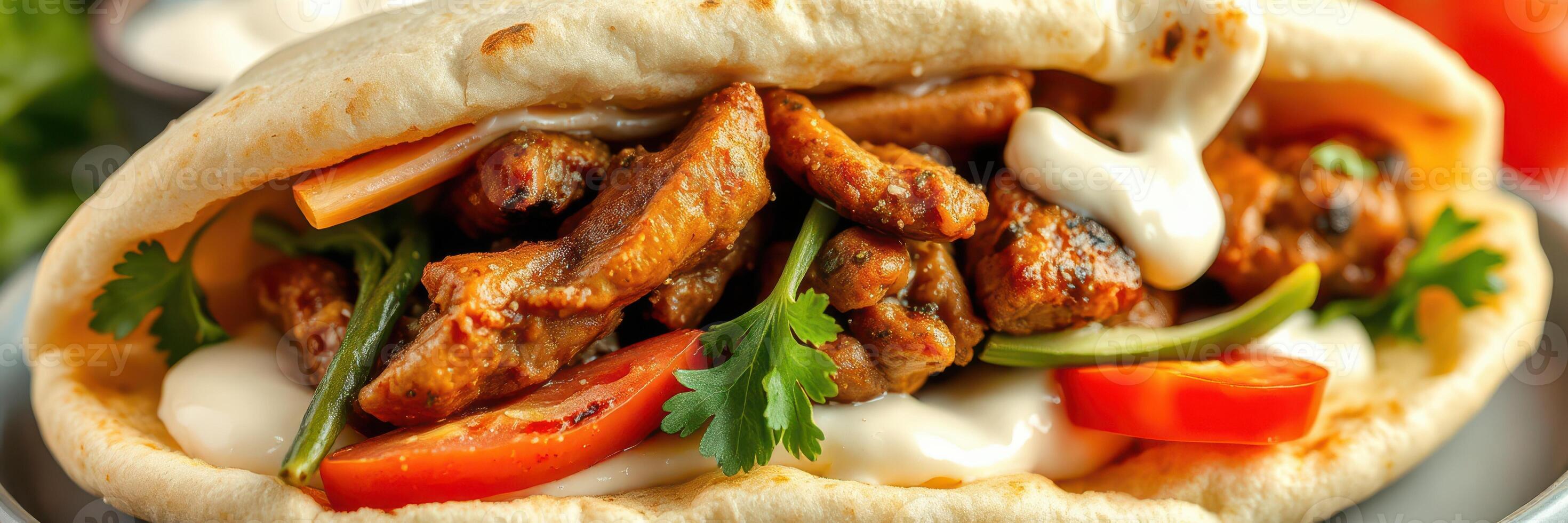 Delicious pita sandwich filled with marinated chicken, fresh vegetables, and sauce served on a plate photo