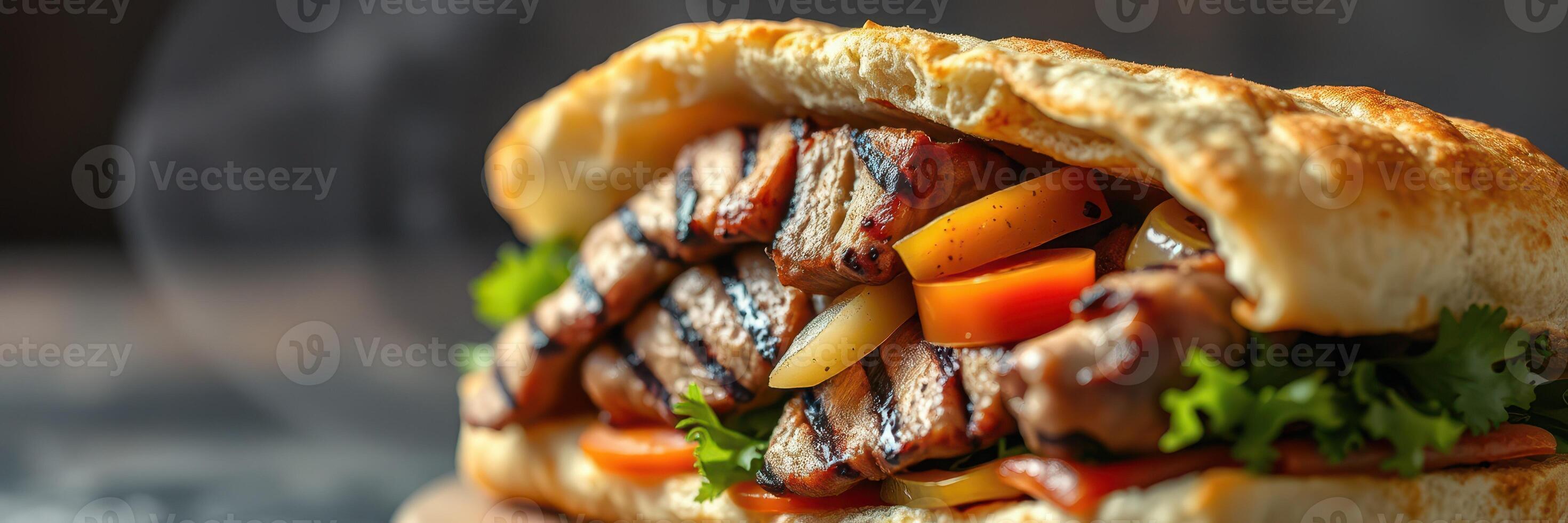 Delicious grilled meat sandwich with fresh vegetables served on a rustic wooden table photo