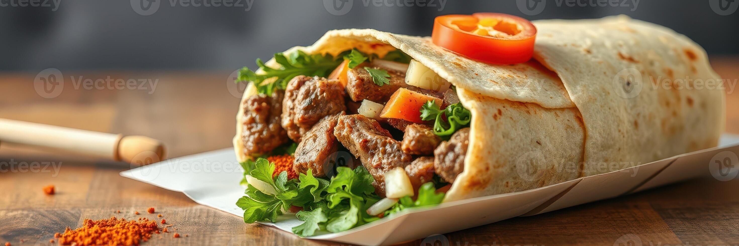 Tasty burrito filled with beef, fresh vegetables, and spices served on a wooden table photo