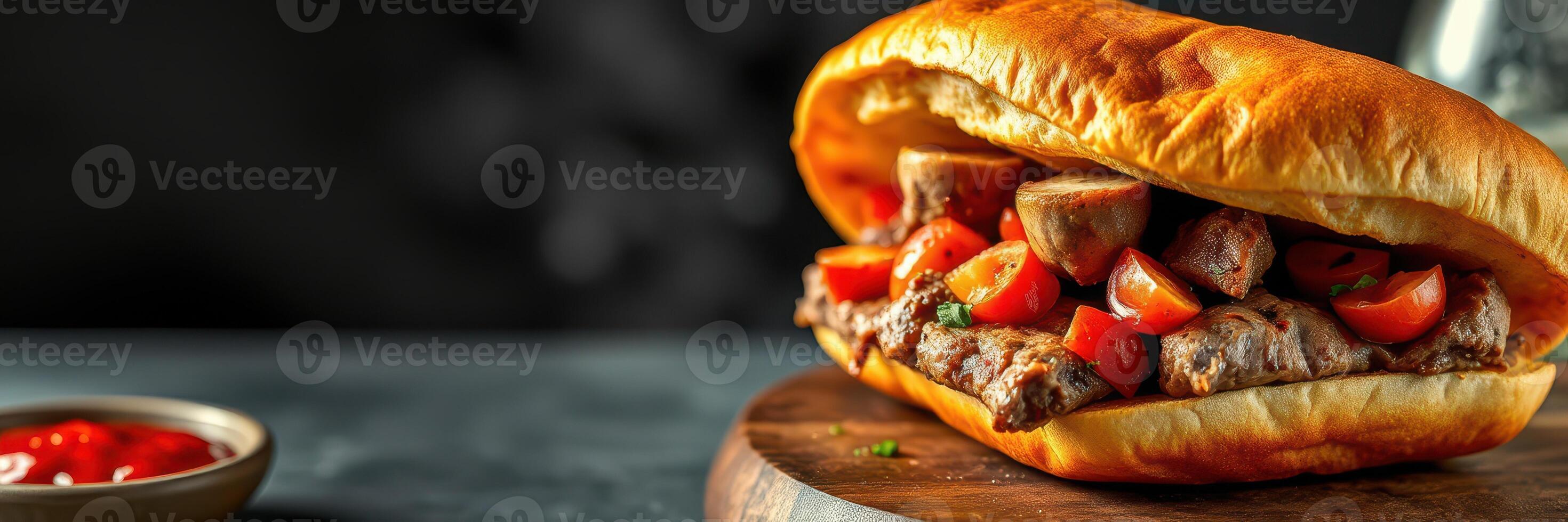 Delicious sandwich with grilled meat and fresh vegetables on a wooden board photo