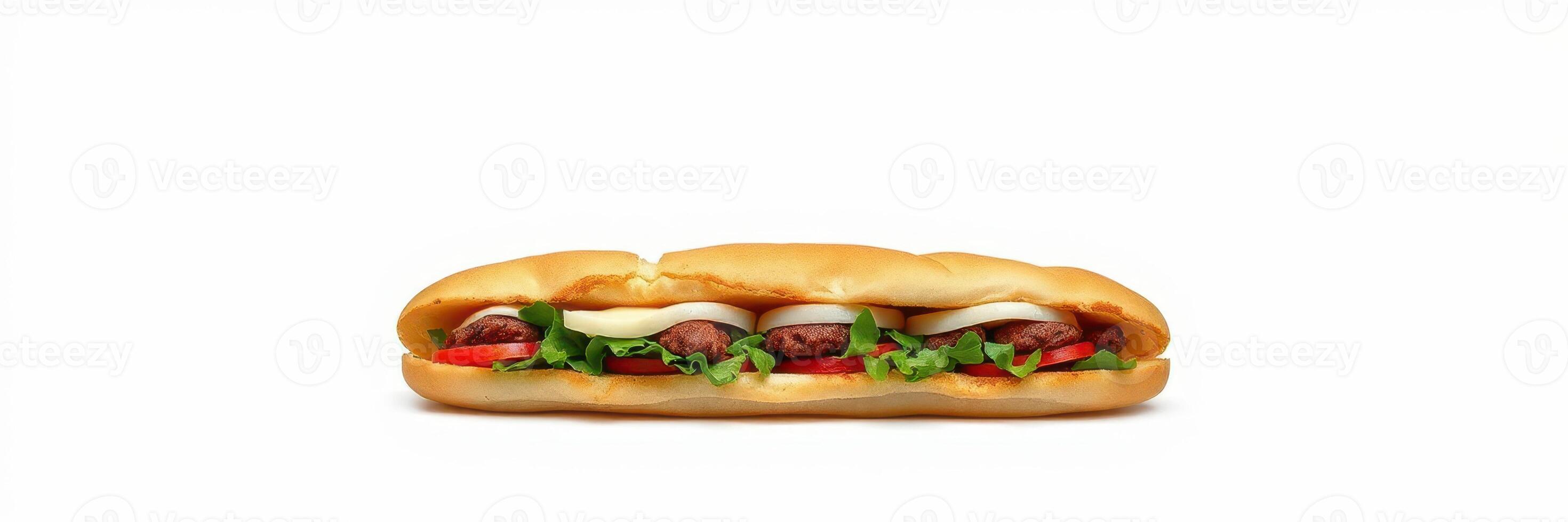 Freshly made sandwich loaded with vegetables and savory fillings on a soft hoagie roll photo