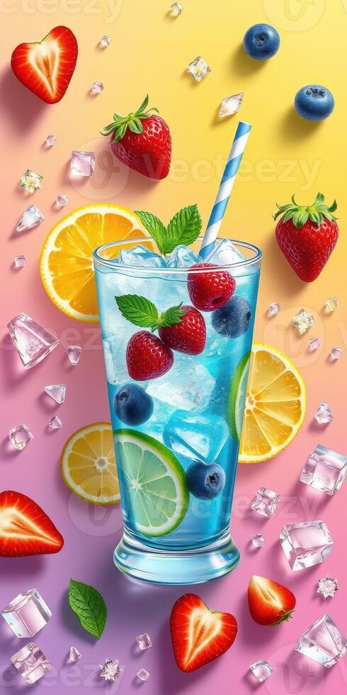 Refreshing summer beverage with fruits and ice on a colorful background photo