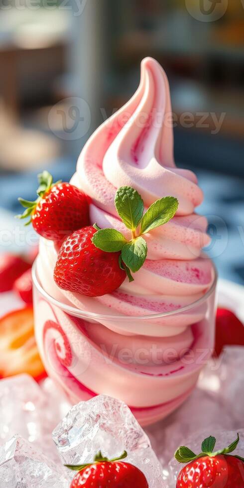 Delicious soft serve strawberry ice cream topped with fresh strawberries and mint leaves in a summer setting photo