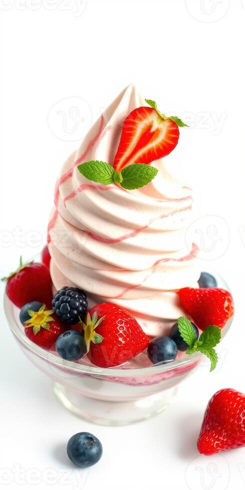 Creamy berry swirl dessert topped with fresh strawberries and mint leaves on a white background photo