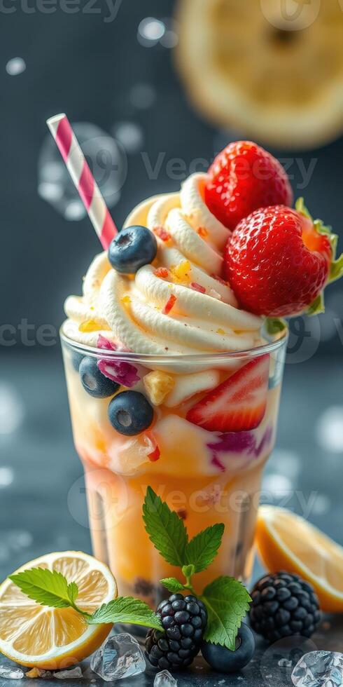 Colorful ice cream sundae topped with fresh fruits and whipped cream served in a glass photo