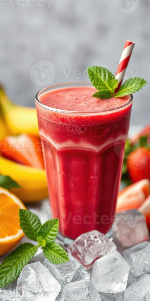 Refreshing fruit smoothie with vibrant colors and fresh ingredients on a countertop photo